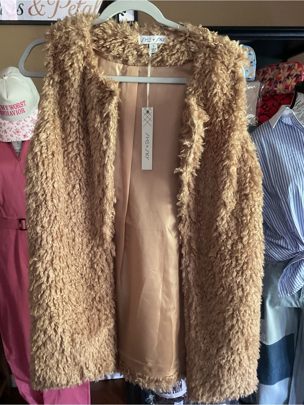 She + Sky Camel Faux Fur Teddy Coat